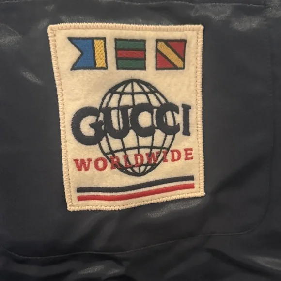 Gucci Dark Blue Satin Jacket with Light Gray Hood